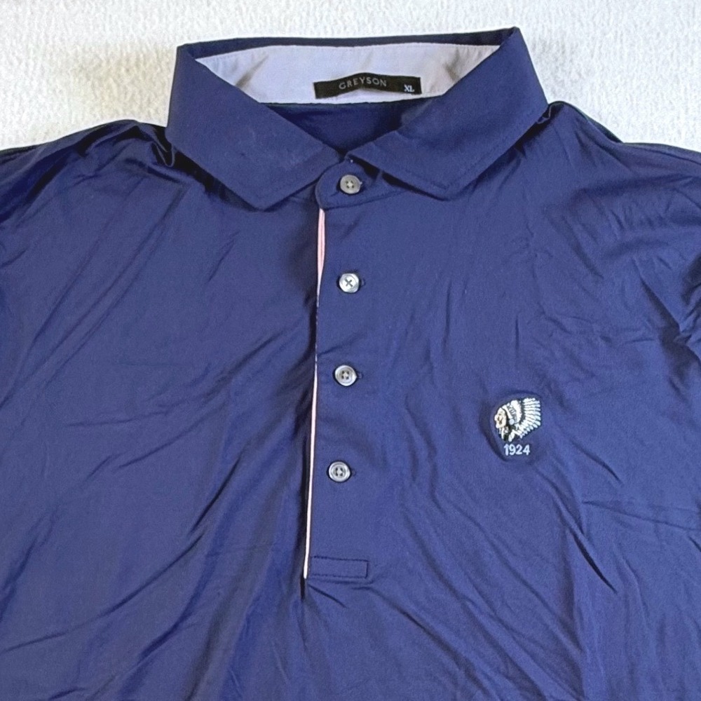Greyson Polo Shirt Mens XL Performance Stretch 1924 Crest Navy Blue Golf Casual